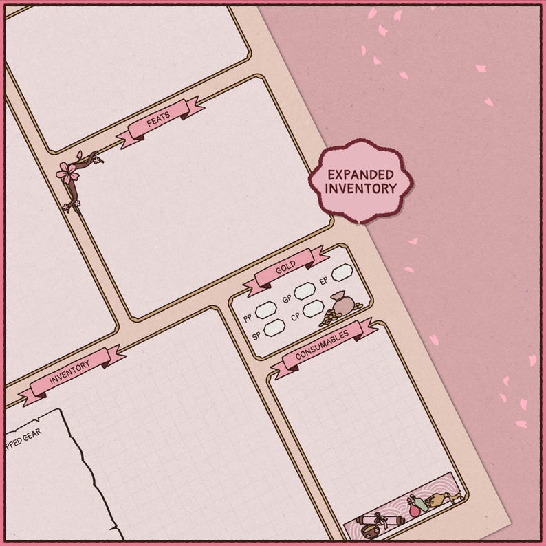 May include: A pink and cream-colored game sheet with labeled sections for inventory, feats, and consumables. The text "Expanded Inventory" is in a pink bubble. Decorative cherry blossom accents and ribbon banners add detail.