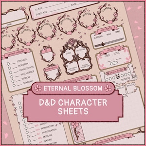 Puede incluir: Hojas de personaje de D&D rosas y beige con detalles florales. Las hojas incluyen secciones para estadísticas, tiradas de salvación y puntos de golpe. El texto "Eternal Blossom" y "D&D Character Sheets" se muestra.
