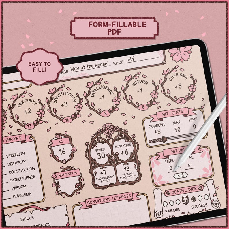 Eternal Blossom DnD Character Sheet | Sakura Floral Aesthetic | Printable & Fillable PDF (A4 + Letter) image 4