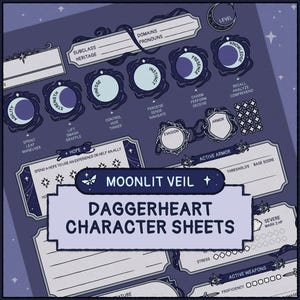 Moonlit Veil Daggerherz Charakterbogen | Handgezeichnet (druckbare & ausfüllbare PDF A4/US Letter)