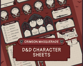 Crimson Masquerade DnD Character Sheet | Vampire Gothic Theme | Printable & Fillable PDF (A4 + Letter)