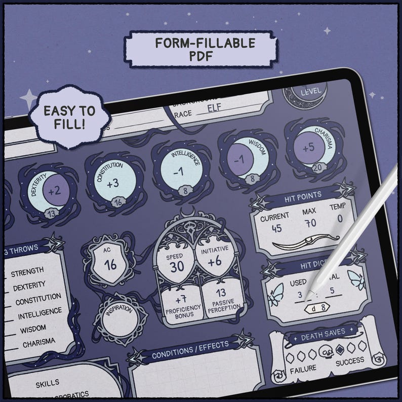 Moonlit Veil DnD Character Sheet | Printable & Fillable PDF | Gothic Fantasy RPG Sheet (A4 + Letter) image 4