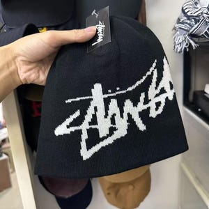 Vintage Stussy stickad mössa svart Street Fashion Beanie (en storlek)