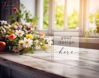 Fleurs d'été sur une table en bois, maquette de produit d'arrière-plan de plantes pour fenêtre, maquette de style photographie de stock, téléchargement numérique instantané JPG