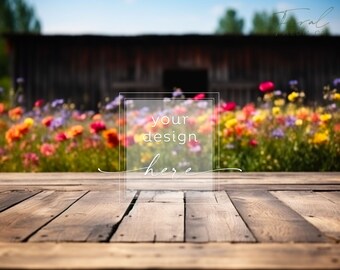 Dark Wood Wildflowers and Barn Mockup Background, Wood Table Floral Mockup Styled Stock Photography, JPG Instant Digital Download