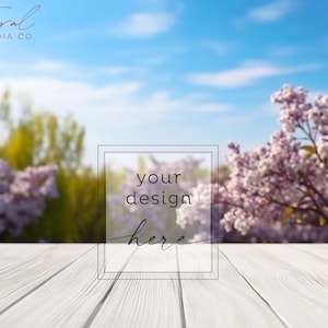 Spring Background Product Mockup, Wood Table Lilac Blossom Mockup Styled Stock Photography, JPG Instant Digital Download