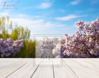 Maquette de produit de fond de printemps, maquette de fleur de lilas de table en bois, photographie de stock de style, téléchargement numérique instantané JPG
