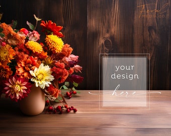 Table en bois et maquette de produit de fond de fleurs d'automne, fleurs dans une maquette de vase de style photographie de stock, téléchargement numérique instantané JPG