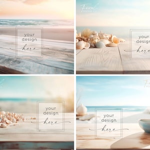 4 Paquete de maquetas de productos de fondo de playa, mesa de madera Ocean Seashells Beachy Mockup Styled Stock Photography, JPG Descarga digital instantánea