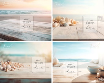 4 Beach Background Product Mockup Bundle, Wood Table Ocean Seashells Beachy Mockup Styled Stock Photography, JPG Instant Digital Download