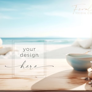 Maqueta de producto de fondo de playa, mesa de madera Ocean Beachy Mockup estilo fotografía de stock, JPG Descarga digital instantánea