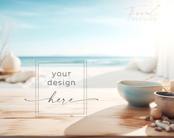 Beach Background Product Mockup, Wood Table Ocean Beachy Mockup Styled Stock Photography, JPG Instant Digital Download