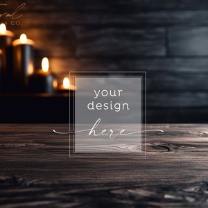 Könnte beinhalten: Ein dunkler Holztisch mit verschwommenem Hintergrund mit brennenden Kerzen. Der Text "your design here" wird in einem transparenten Rahmen angezeigt. Das Bild hat eine stimmungsvolle, atmosphärische Ästhetik, geeignet für die Produktpräsentation.