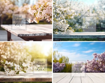 4 春の花の背景製品モックアップ バンドル、木製テーブルの花のモックアップ スタイルのストック写真、JPG インスタント デジタル ダウンロード
