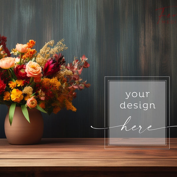 Wood Table & Flower Bouquet Background Product Mockup, Flowers in a Vase Mockup Styled Stock Photography, JPG Instant Digital Download