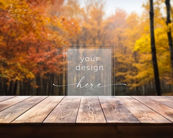Rustiek hout met Fall Woods achtergrond, houten tafel bos Mockup gestyled Stock beeld, JPG Instant Digitale Download
