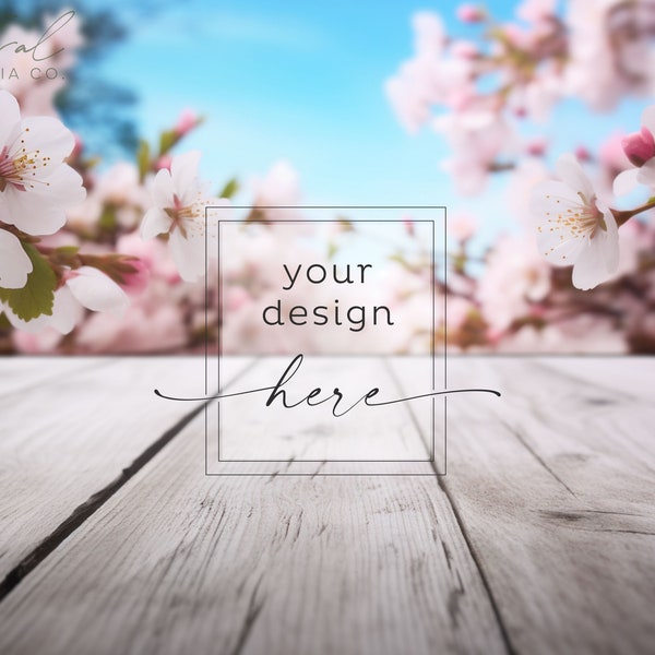 Cherry Blossom Spring Background Mockup, Wood Table Flowers Mock, Digital Backdrop, Styled Stock Photography, JPG Instant Digital Download