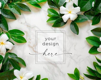 Background Mockup Photography, Marble & White Flowers Background Product Mock, Flat Lay Floral Styled Stock, Plants Image, Digital Backdrop