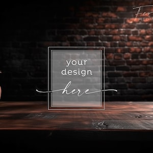 Dark Wood Table Background Product Mockup, Brick Wall Mockup Styled Stock Photography, JPG Instant Digital Download