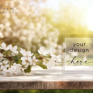 Spring Background Product Mockup, Wood Table Floral Blossom Mockup Styled Stock Photography, JPG Instant Digital Download