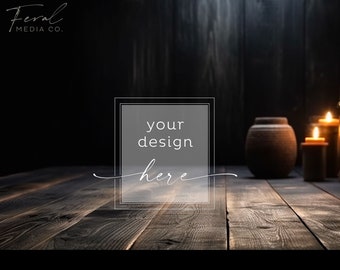 Dark Wood Spooky Background Product Mockup, Black Wall Candles Lights Mockup Styled Stock Photography, JPG Instant Digital Download