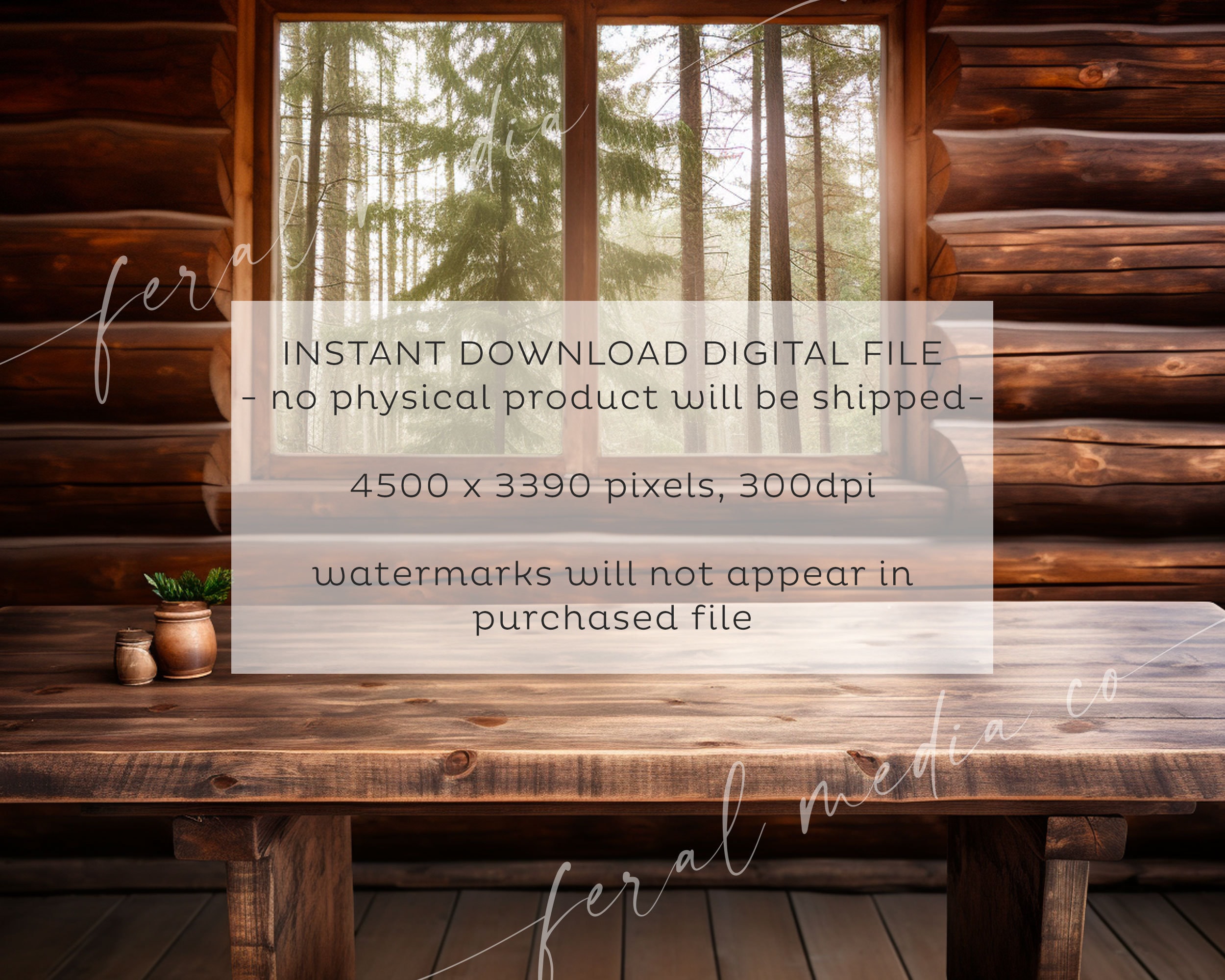 Rustic Cabin Wood Table, Forest Background Log Cabin Product Mockup ...