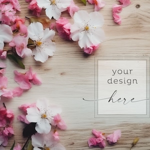 Wood & Pink Flowers Background Product Mockup, Wood Flat Lay Floral Mockup Styled Stock Photography, JPG Instant Digital Download