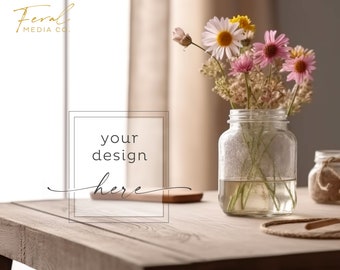 Table en bois et fleurs fond produit maquette, fleurs d’été dans une maquette de pot style photographie de stock, JPG téléchargement numérique instantané