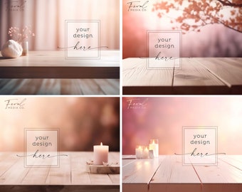 4 Soft Pink Background Product Mockup Bundle, Wood Table Candles Floral Mockup Styled Stock Photography, JPG Instant Digital Download