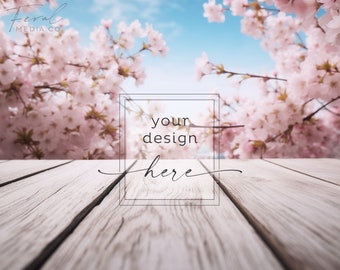 Cherry Blossom Spring Background Product Mockup, Wood Table Flowers Mockup Styled Stock Photography, JPG Instant Digital Download