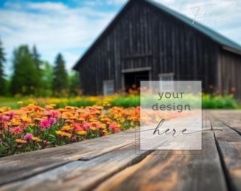 Dark Wood Wildflowers and Barn Mockup Background, Wood Table Floral Mockup Styled Stock Photography, JPG Instant Digital Download
