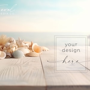 Beach Background Product Mockup, Wood Table Seashells Beachy Mockup Styled Stock Photography, JPG Instant Digital Download
