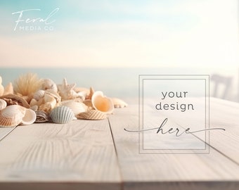 Beach Background Product Mockup, Wood Table Seashells Beachy Mockup Styled Stock Photography, JPG Instant Digital Download