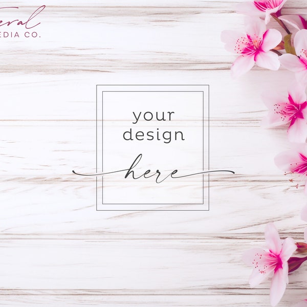 White Wood & Pink Flowers Background Product Mockup, Wood Flat Lay Floral Mockup Styled Stock Photography, JPG Instant Digital Download