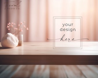 Soft Pink Background Product Mockup, Wood Table Floral Mockup Styled Stock Photography, JPG Instant Digital Download