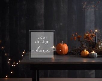 Dark Wood Halloween Background Product Mockup, Black Wall Pumpkins Candles Mockup Styled Stock Photography, JPG Instant Digital Download