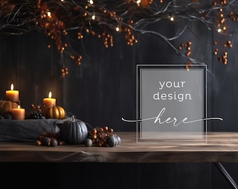 Dark Wood Halloween Background Product Mockup, Black Wall Candles Pumpkins Mockup Styled Stock Photography, JPG Instant Digital Download