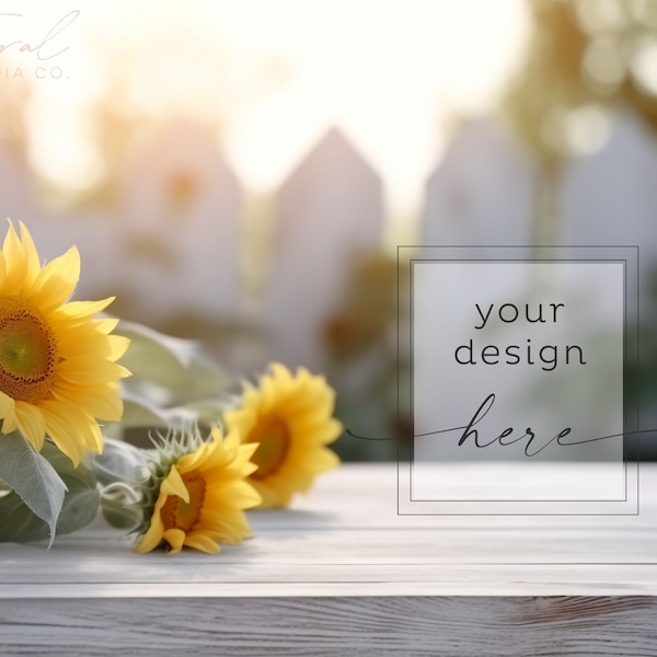 Sunflowers on a White Wood Table, Sunset Background Product Mockup Styled Stock Photography, JPG Instant Digital Download