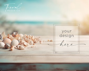 Beach Background Product Mockup, Wood Table Seashells Ocean Beachy Mockup Styled Stock Photography, JPG Instant Digital Download