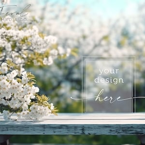 Spring Background Product Mockup, Wood Table Floral Blossom Mockup Styled Stock Photography, JPG Instant Digital Download