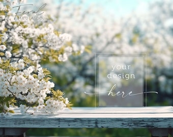 Maqueta de producto de fondo de primavera, fotografía de stock con estilo de maqueta de flor floral de mesa de madera, descarga digital instantánea JPG