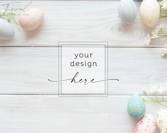 Easter Eggs Flat Lay Background Product Mockup, White Wood Flowers Easter Flat Lay, Styled Stock Photography, JPG Instant Digital Download