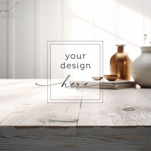 Light White Wood Table, White Background Vases Flowers Product Mockup Styled Stock Photography, JPG Instant Digital Download