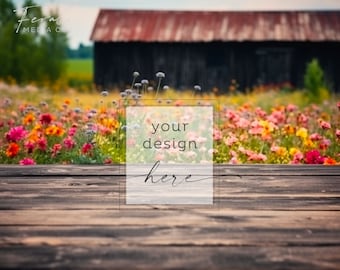 Dark Wood Wildflowers and Barn Mockup Background, Wood Table Floral Mockup Styled Stock Photography, JPG Instant Digital Download