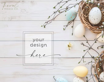 Easter Eggs Flat Lay Background Product Mockup, White Wood Bird Nest Styled Stock Photography, JPG Instant Digital Download