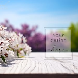 Spring Background Product Mockup, Wood Table Lilac Blossom Mockup Styled Stock Photography, JPG Instant Digital Download