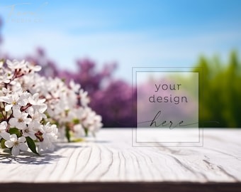 Maquette de produit de fond de printemps, photographie de stock de table en bois fleur de lilas maquette, téléchargement numérique instantané JPG