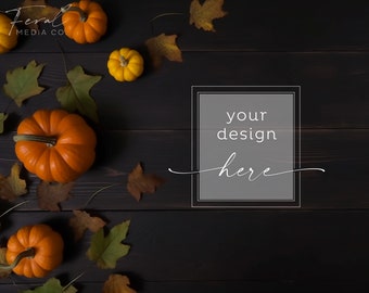Fall Flat Lay Background Product Mockup, Dark Wood Halloween Mockup Styled Stock Photography, JPG Instant Digital Download