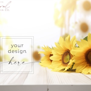Sunflowers on a White Wood Table, Background Product Mockup Styled Stock Photography, JPG Instant Digital Download