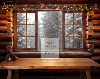 Christmas Cabin Wood Table, Winter Forest Background Log Cabin Product Mockup Styled Stock Photography, JPG Instant Digital Download